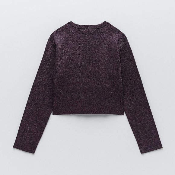🌸SOLD🌸NWT Zara Purple Sparkly Shimmer Metallic Button Cropped Cardigan Sweater - Picture 2 of 9